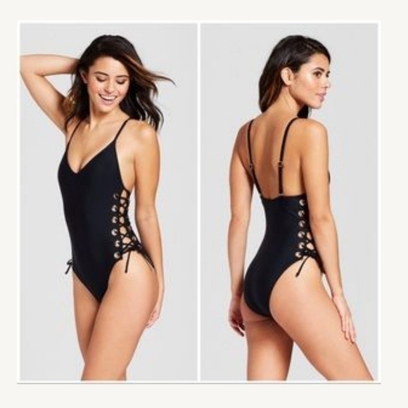XHILARATION Black Lace Up One-piece Swimsuit XSm - Picture 1 of 10